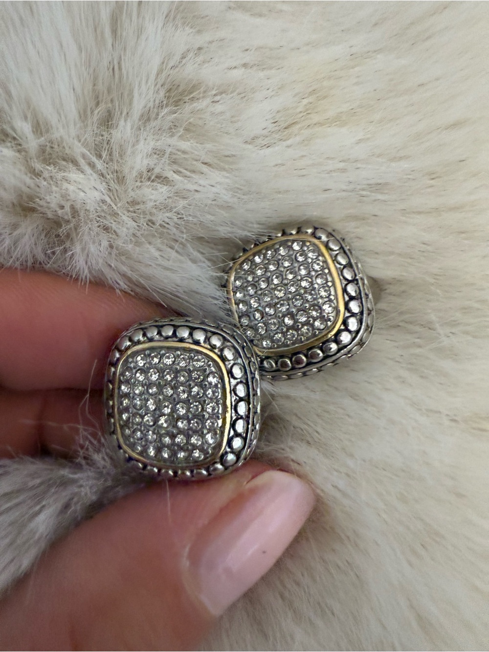 Pave Crystal Square Stud Earrings - Silver and Gold Tone